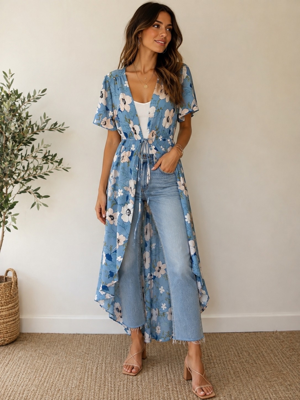 Women's Short Sleeve Floral Maxi Duster Sheer Kimono Open Front Waist Tie Sz Sm